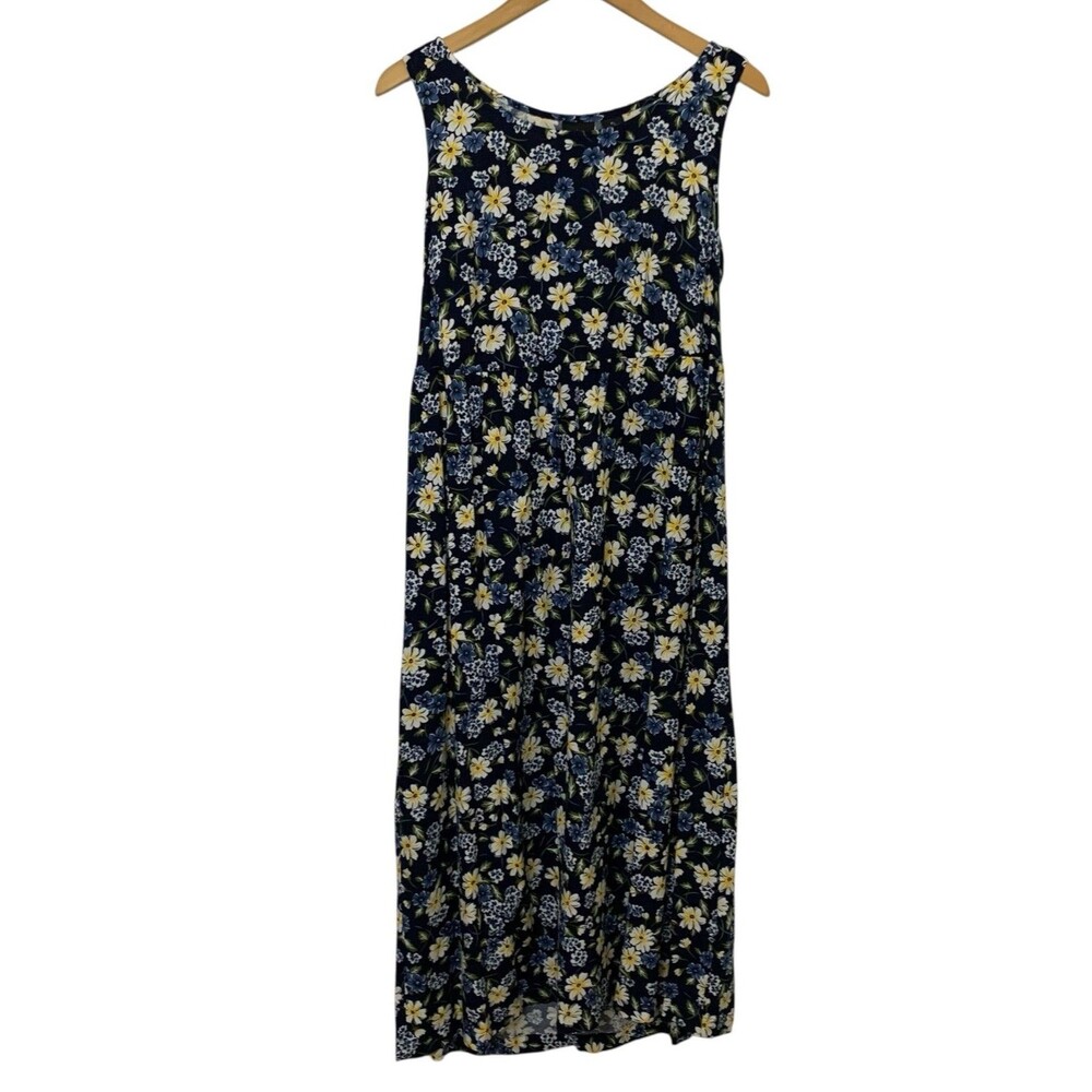 Vintage Erika Petite Sleeveless PL Blue Yellow Floral Midi Dress Tie Back 90’s